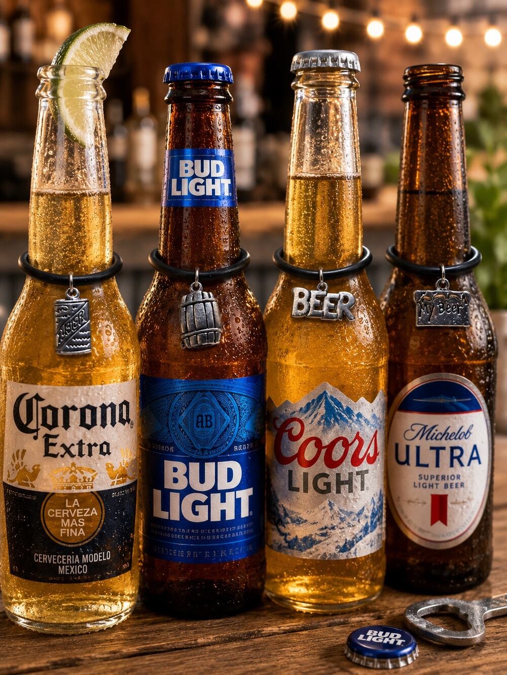 Set of 4 Beer Bottle Charms BBQ Party Drink Markers  4th of July